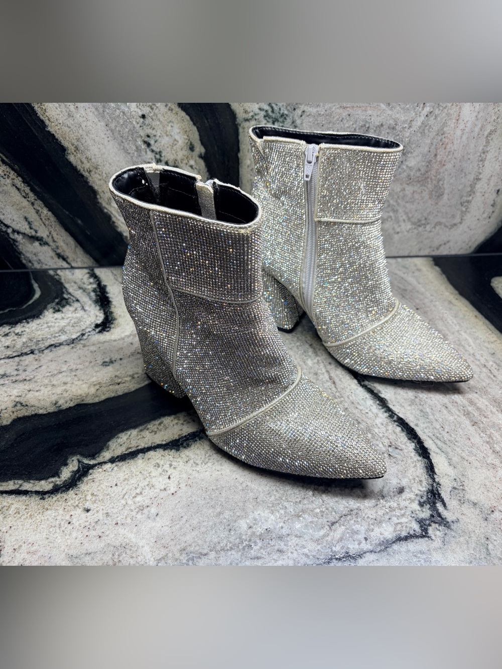 A New Day Cassidy Silver Rhinestone Ankle Boots Pointed Toe Block Heel Size 7.5